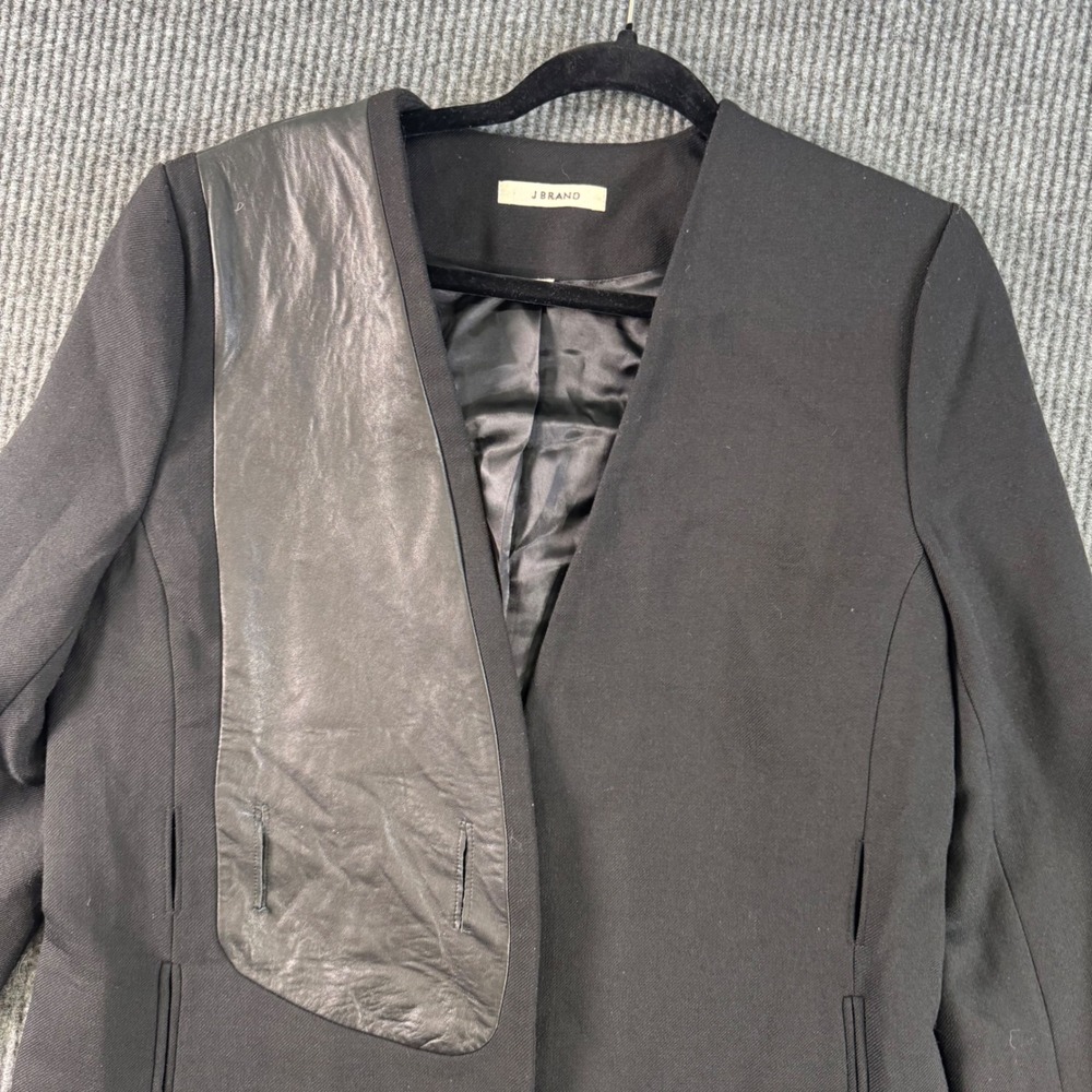 J Brand Womens 10 Black Wool Blazer Lamb Leather Trim Jacket Chic Model of Duty